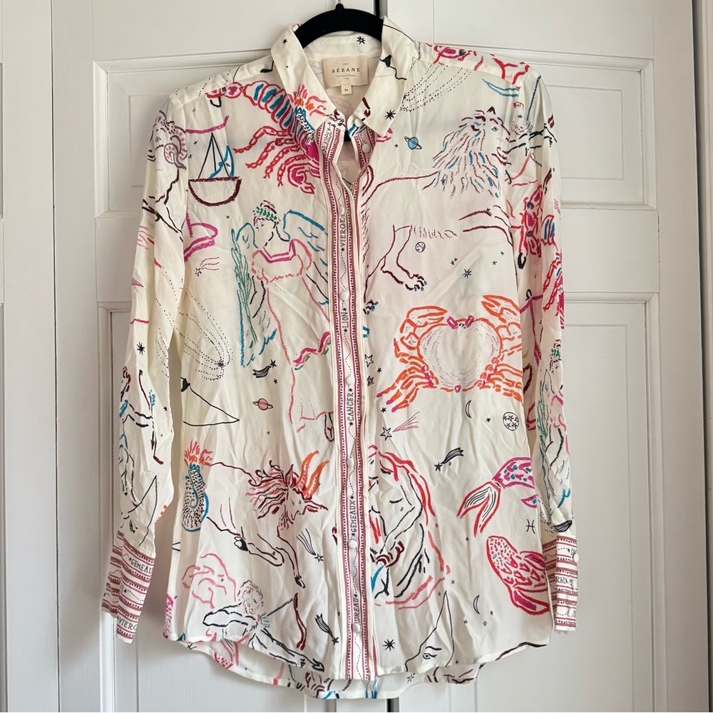 SOLD /// RARE NWOT Sezane silk shirt zodiac multicolor pink blue size 34